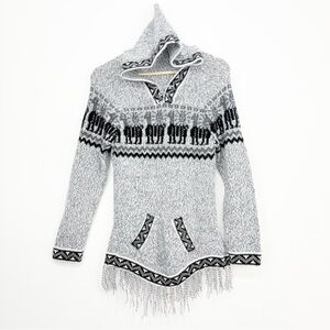 Peruvian Tribal Knit Hooded Pullover Fringed Ethnic Tunic Sweater